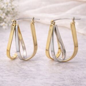 Two Tone Gold & Silver Teardrop Hoop Earrings 1" Drop